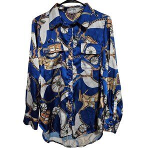 Fashion Nova Baroque Carriage Chain Print Button Up Blouse Womens Size Small